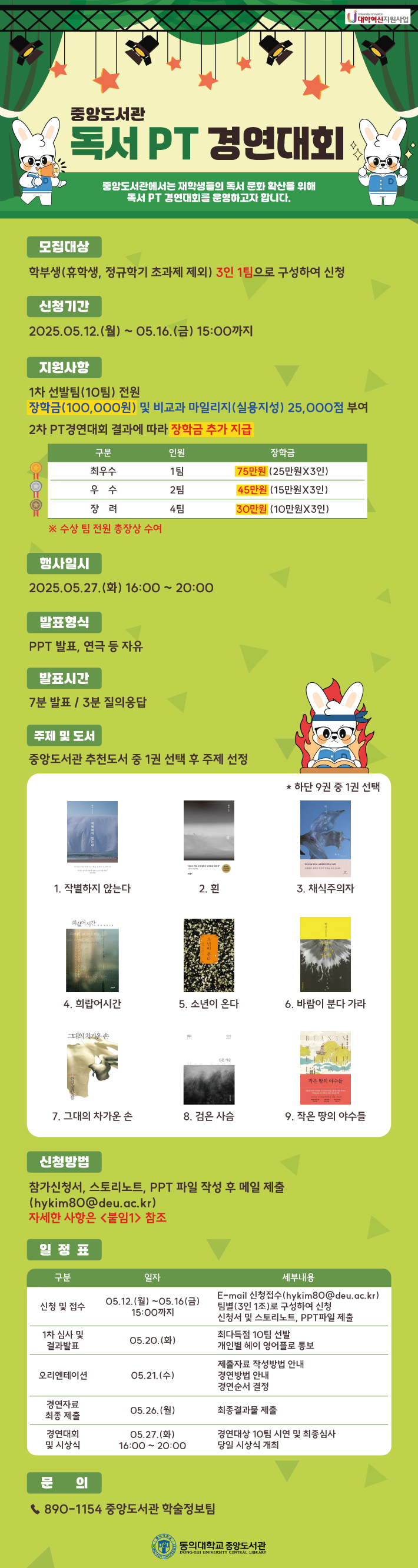 중앙도서관 독서 PT 경연대회 중앙도서관에서는 재학생들의 독서 문화 확산을 위해 독서 PT 경연대회를 운영하고자 합니다. 모집대상 학부생(휴학생, 정규학기 초과제 제외) 3인 1팀으로 구성하여 신청 신청기간 2025.05.12.(월) ~ 05.16.(금) 15:00까지 지원사항 1차 선발팀(10팀) 전원 장학금(100,000원) 및 비교과 마일리지(실용지성) 25,000점 부여 2차 PT경연대회 결과에 따라 장학금 추가 지급 구분 인원 장학금 최우수 1팀 75만원(25만원X3인) 우수 2팀 45만원(15만원X3인) 장려 4팀 30만원(10만원X3인) ※ 수상 팀 전원 중앙장 수여 행사일시 2025.05.27.(화) 16:00 ~ 20:00 발표형식 PPT 발표, 연극 등 자유 발표시간 7분 발표 / 3분 질의응답 주제 및 도서 중앙도서관 추천도서 중 1권 선택 후 주제 선정 * 하단 9권 중 1권 선택 1. 작별하지 않는다 2. 흰 3. 채식주의자 4. 회람어시간 5. 소년이 온다 6. 바람이 분다 가라 7. 그대의 차가운 손 8. 검은 사슴 9. 작은 땅의 야수들 신청방법 참가신청서, 스토리노트, PPT 파일 작성 후 메일 제출 (hykim80@deu.ac.kr) 자세한 사항은 <붙임1> 참조 일정표 구분 일자 세부내용 신청 및 접수 05.12.(월) ~ 05.16.(금) 15:00까지 E-mail 신청접수(hykim80@deu.ac.kr) 팀당(3인 1조)로 구성하여 신청 참가신청서 & 스토리노트, PPT파일 제출 1차 심사 및 결과 발표 05.20.(화) 최종 선발 10팀 발표 심사결과 메일 통보 오리엔테이션 05.21.(수) 최종 선발 10팀 오리엔테이션 필수 참석 최종 자료 제출 05.26.(월) 경연대회 10팀 최종 발표 자료 제출 경연대회 및 시상식 05.27.(화) 16:00 ~ 20:00 경연대회 10팀 시연 및 최종심사 당일 시상식 개최 문의 890-1154 중앙도서관 학술정보팀.